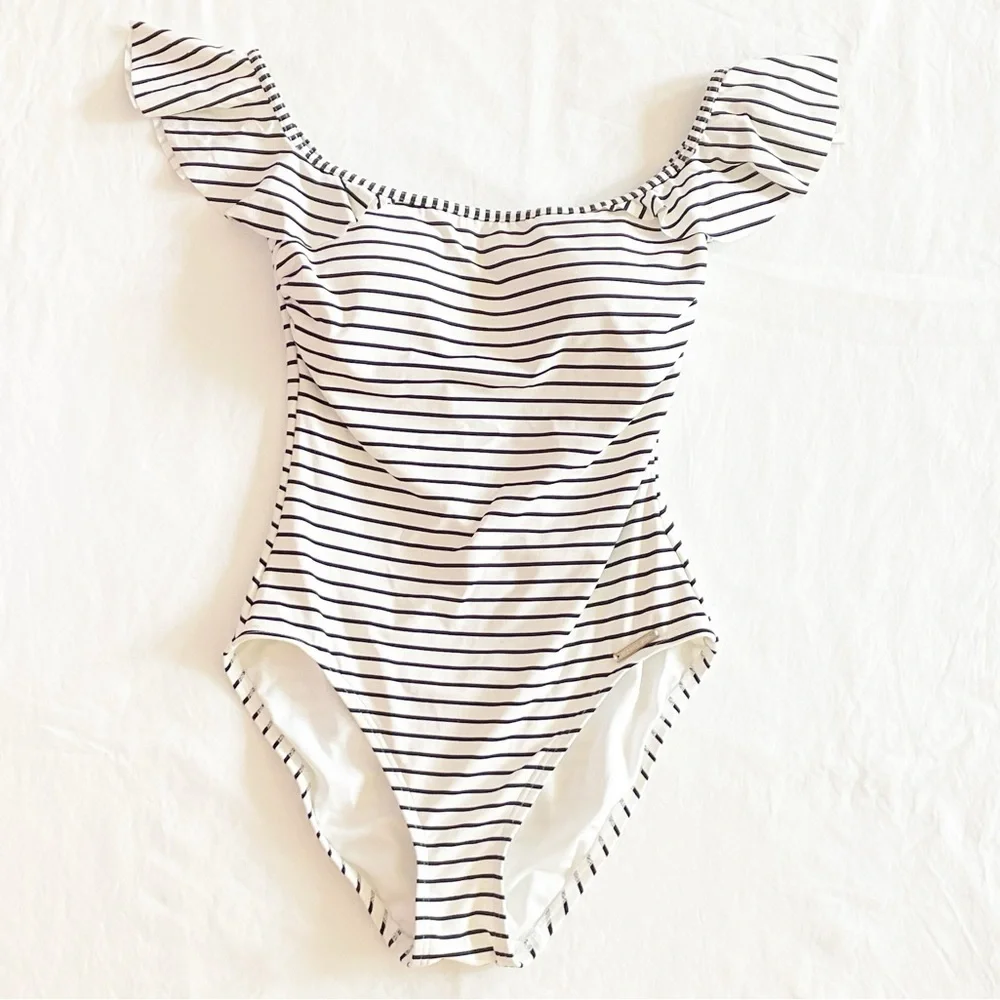 Vince Camino black and white‎ striped off-shoulder one piece swimsuit